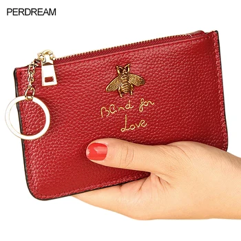 

PERDREAM Cowhide European Woman Wallet Luxury Design Honeybee Decor Coin Purses Ribbon Ring Key Holder Mini ID Credit Card Bags