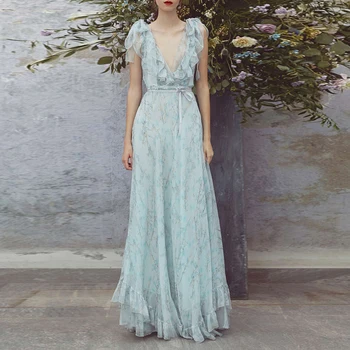 

Long Dress Women Runway Designer Elegant Ruffles Sexy V Neck Chiffon Dresses Holidays Beach Maxi Sundress Night Party Vestidos