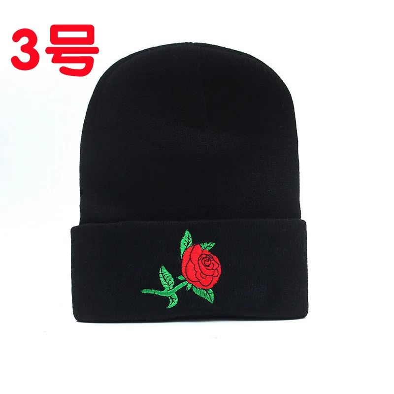 Зимняя распродажа, унисекс, Короткие вязаные шапки с вышивкой в виде розы, женские черные теплые шапки, Прямая поставка W63