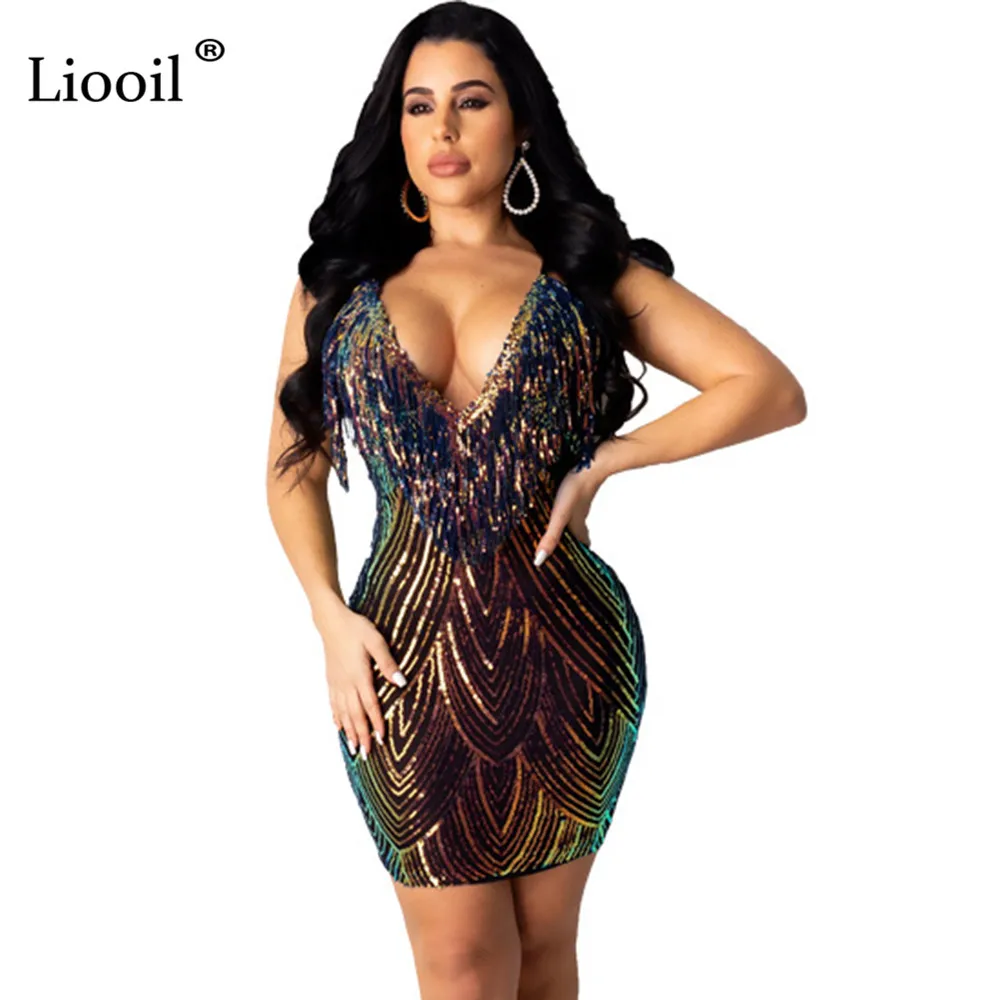 Liooil, сексуальное, с блестками, с кисточками, облегающее, мини платье, для женщин, Клубная одежда,, без рукавов, v-образный вырез, на тонких бретелях, обтягивающие, вечерние, для ночного клуба