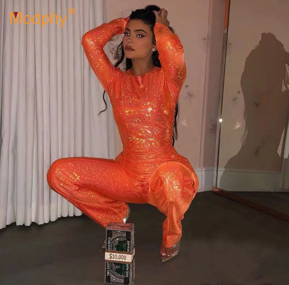 

2019 New Orange Flash Jumpsuit Women'S Long-Sleeved Round Neck Bodycon Trousers Jumpsuit Sparkling Club Party Jumpsuit