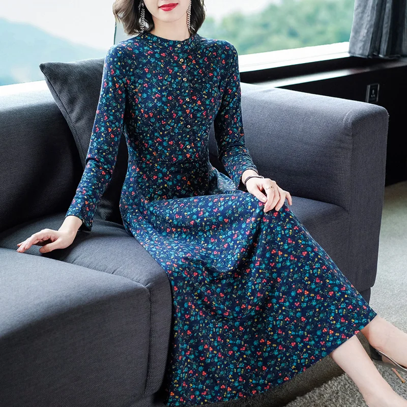 

2019 Autumn New Arrival Retro Stand Collar Flower Printed Long Sleeve Woman Cotton Long Dress Plus Size M-5XL