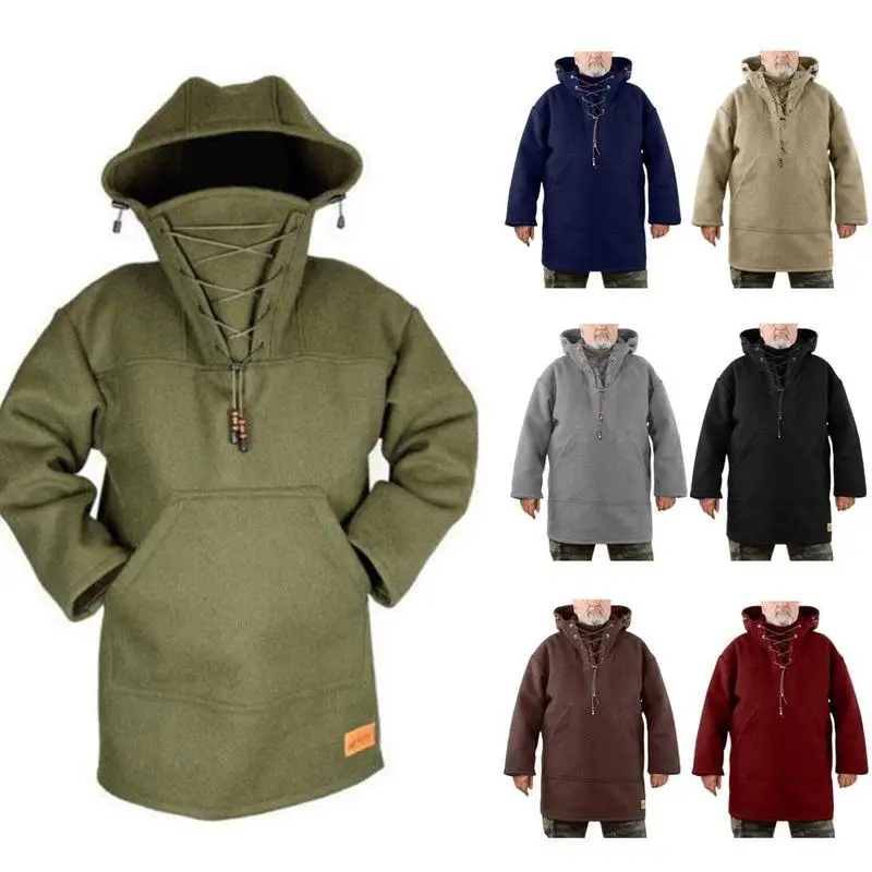 2021 Winter mid-length Casual loose Men's Lace Hooded Sweater long sleeve Casual Woolen Sweater Men's Trendy