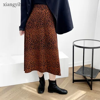 

Sexy Leopard Print Long Skirt for Female Women Autumn High Waist A-line Female Vintage Fashion Orange Red Skirt Womens Clothing