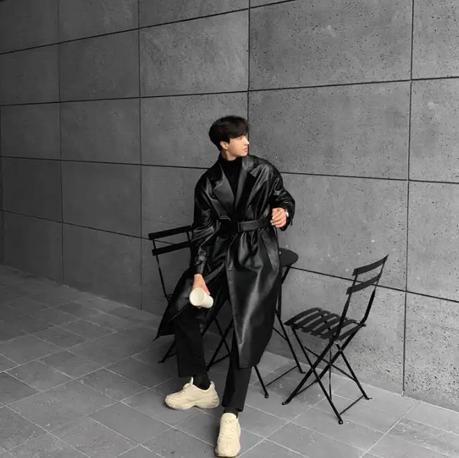 S-XL! Ретро мода Мужская дикая кожа Красивый Ветровка куртка Панк Личность длинный двубортный черный кожаный пиджак мужской