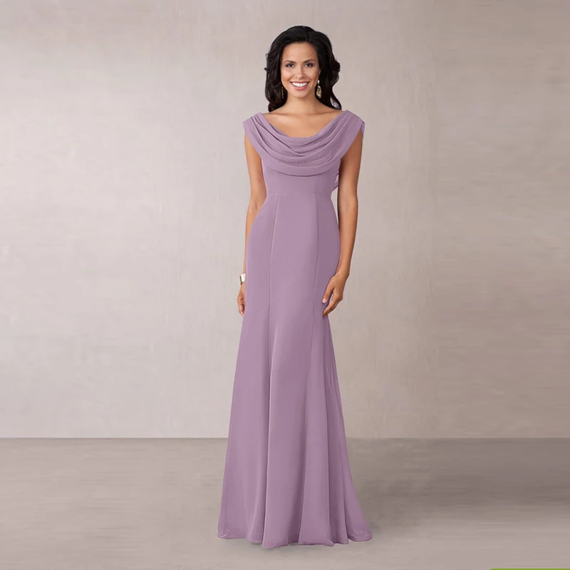 

Simple Elegant Mermaid Lilac Cap Sleeve Mother of the Bride Dresses Jewel Neck Cowl Back Wedding Party Gowns Full Length