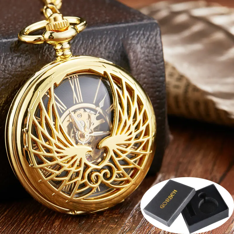 Gold with box Роскошные Механические карманные часы с золотыми крыльями любви для мужчин и женщин с цепочкой-брелоком Уникальный полый дизайн скелет с двойной стороны ручной Ветер часы - Цвет: Gold with box