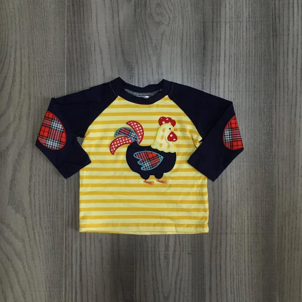 Осенне-зимняя детская одежда на День Благодарения для маленьких мальчиков эксклюзивная темно-синяя горчичная фермерский двор, футболка в полоску с рисунком цыпленка реглан