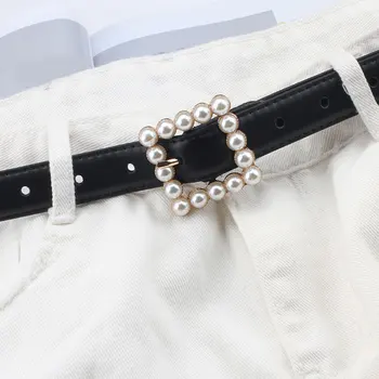 

Women Black PU Belt Square Round Buckle Inlaid Pearls Decoration Waistband Leather Belts for Women Dress Accesorios Mujer
