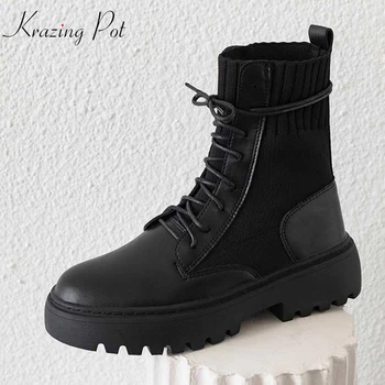 

krazing pot cow leather lace up leisure round toe punk design motorcycle boots solid thick bottom knitting mid-calf boots l11