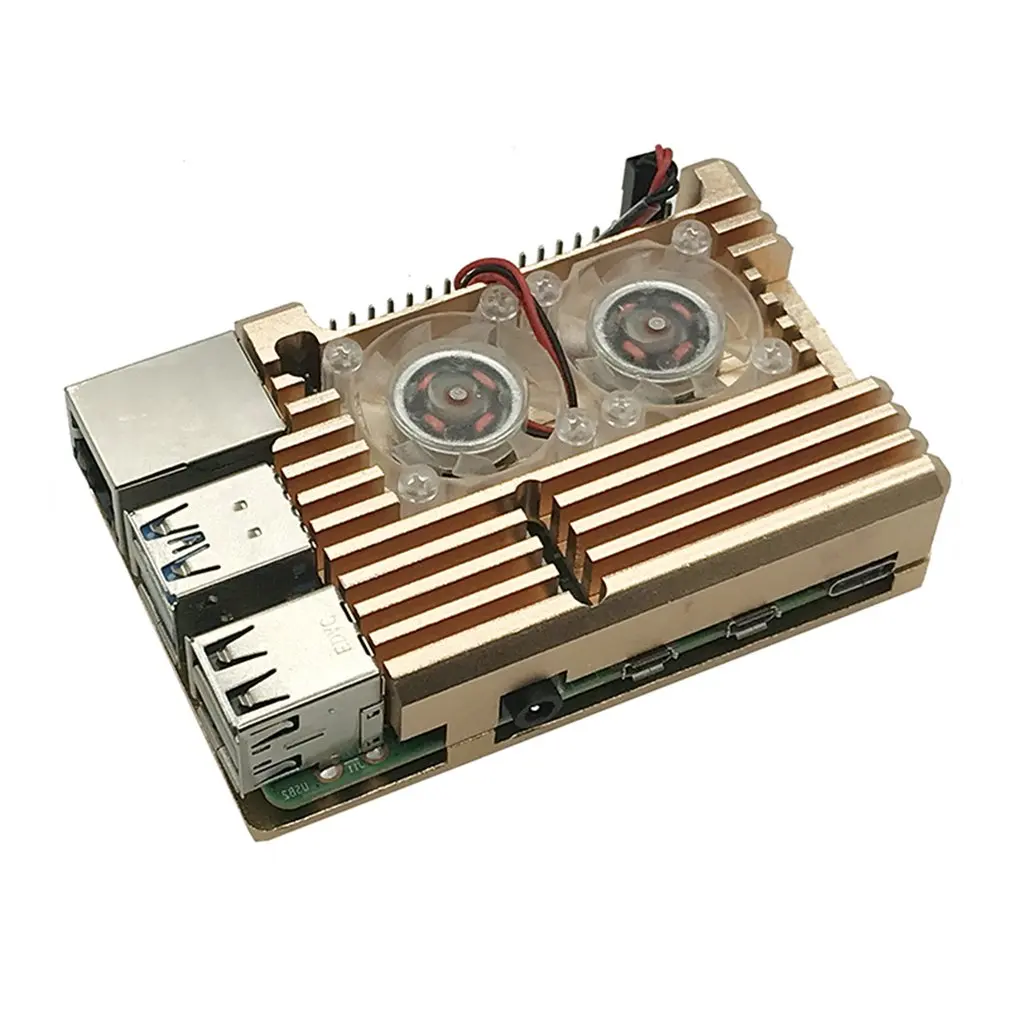 Для Raspberry Pi 4 Модель B алюминиевый защитный чехол алюминиевый чехол+ двойной вентилятор охлаждения Золотой сменный