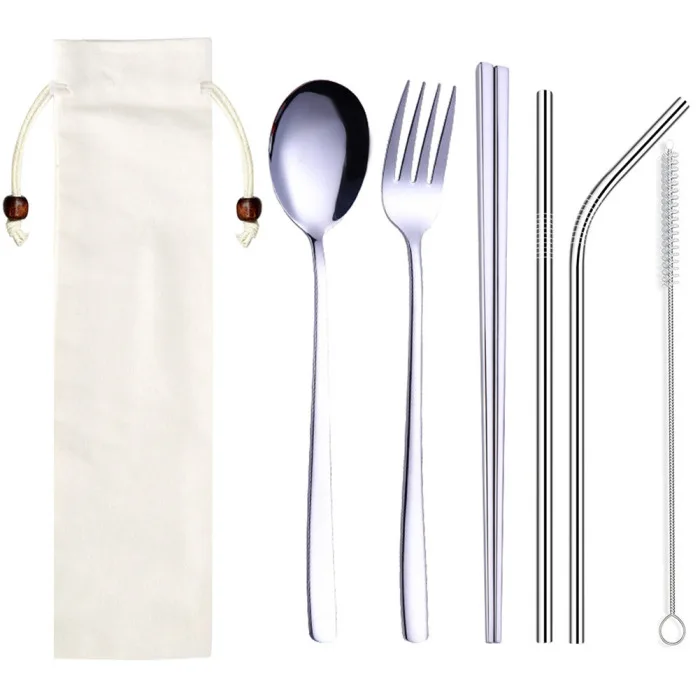 Stainless Steel Cutlery Set Five-piece Suit Linen Bag Tableware Travel Outdoor Office Picnic Barbecue D6