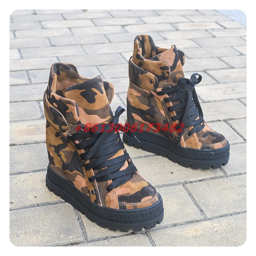 

Woman 10Cm Inner Heel Lace Up Brown Camo Ankle Boots Double Platform Sole Inner Wedge Heel Lace Up Sneakers