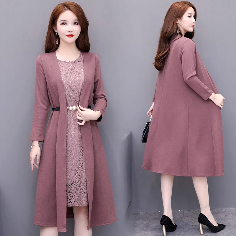 

Mom Spring And Autumn Elegant Dress Two-Piece Set 2019 New Style Middle-aged Female Autumn Coat over-the-Knee Western Style Skir