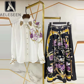 

AELESEEN Runway Fashion Office Ladies Sets 2020 High Quality White Beading Collar Flower Print Blouse+Black Printed Skirt Sets