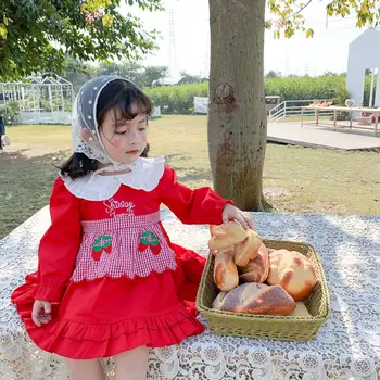 

3226 Girl's Spring Dress Long Sleeve Strawberry Princess Plaid Dresses Toddler Girls Dress Children Clothes