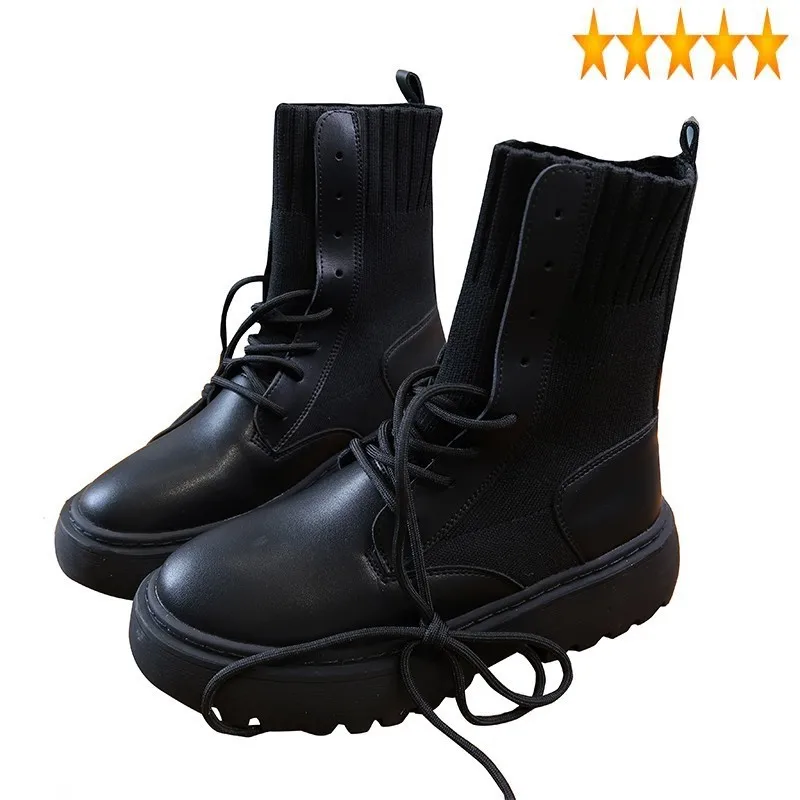 

Women Elastic Socks Streetwear Thick Platform High Top Biker Female Ankle Lace Up Fashion Casual Leather Boots Shoes
