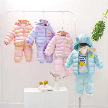 

Fashion bright colors Winter Baby Snowsuit Baby Boy Down Jacket Coat+pant Warm Overalls Kids Clothes Set Toddler Girl clothes