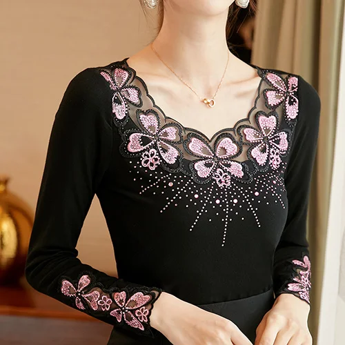 Blusas mujer de moda, Осенние сетчатые топы с длинными рукавами и вышивкой, модная Повседневная Блузка с бриллиантами, рубашка, большие размеры - Цвет: Black-Pink