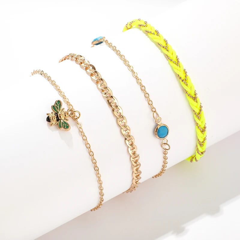 Docona Boho красочный пчела Хлопок Вязание Набор браслетов для ног для женщин золотые бусины цепи слоистых украшения для щиколотки 8665