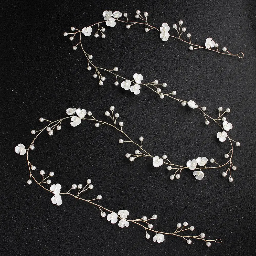 Light Golden Flower Pearl Headband Bride Hair Accessories 100 cm Long Wedding Headband Women's Accessories Flower Hair Jewelry
