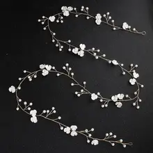 Light Golden Flower Pearl Headband Bride Hair Accessories 100 cm Long Wedding Headband Women's Accessories Flower Hair Jewelry