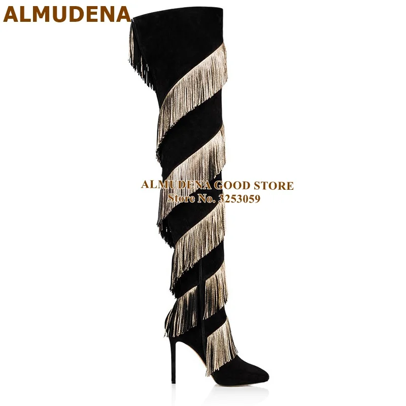 ALMUDENA; черные замшевые сапоги до бедра; золотой с бахромой; Сапоги выше колена на шпильках; Золотая кисточка; модельные сапоги-гладиаторы; большие размеры 46