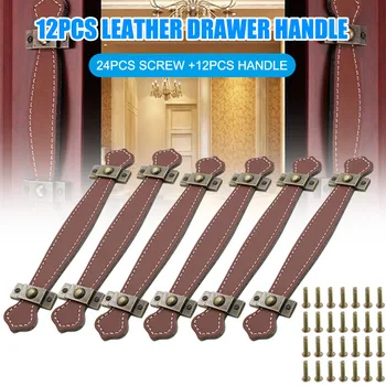 

12Pcs Drawer Knob Pull Handle Leather Cabinet Drawer Pulls Vintage Cabinet Cupboard Knobs with Screws @LS