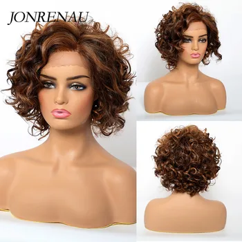 

JONREANU Synthetic Lace Front Wig Short Curly Ombre Brown Heat Resistant Fiber Afro Wig for African American Women