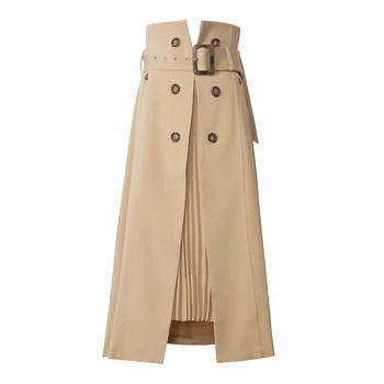 

Office Lady Elegant Patchwork Pleated Split Women Skirts High Waist With Sashes Irregular Hem Casual A-Line Skirt Female Spring