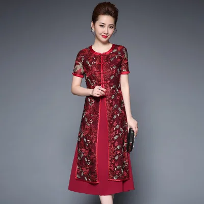 

Newest 2020 Spring Women's Fake 2 Piece Dress Vintage Floral Embroidery Long Chinese Style Party Dresses Vestidos Plus Size 5XL