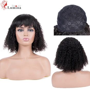 

Water Wave/Kinky Curly Human Hair Wigs With Bangs Machine Made Wig Curly Wigs With Bangs Remy Brazilian Hair Wigs Natural Black
