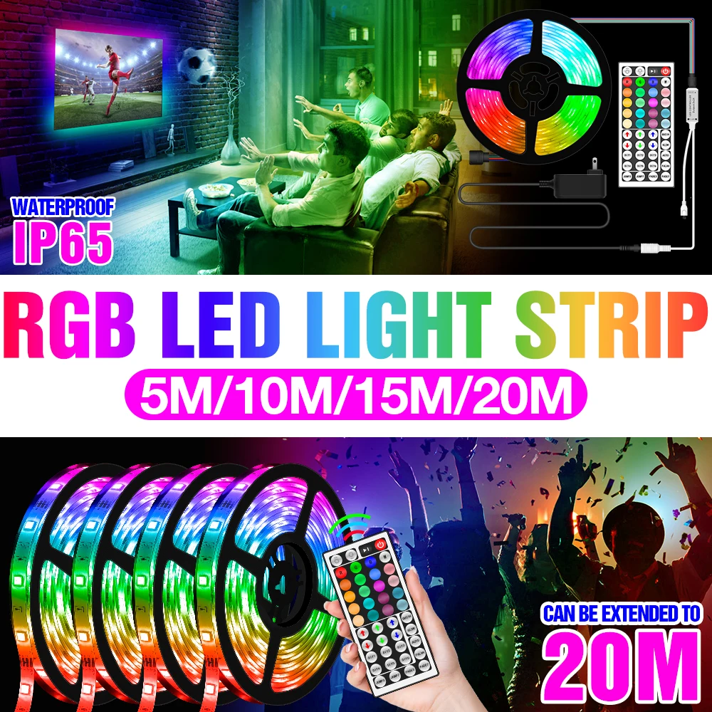 

Flexible Tape Light LED 5050 RGB Strip Lamp DC12V Desktop Backlit Light LED Fita Ribbon 5M 10M 15M 20M Remote Control+Adapter
