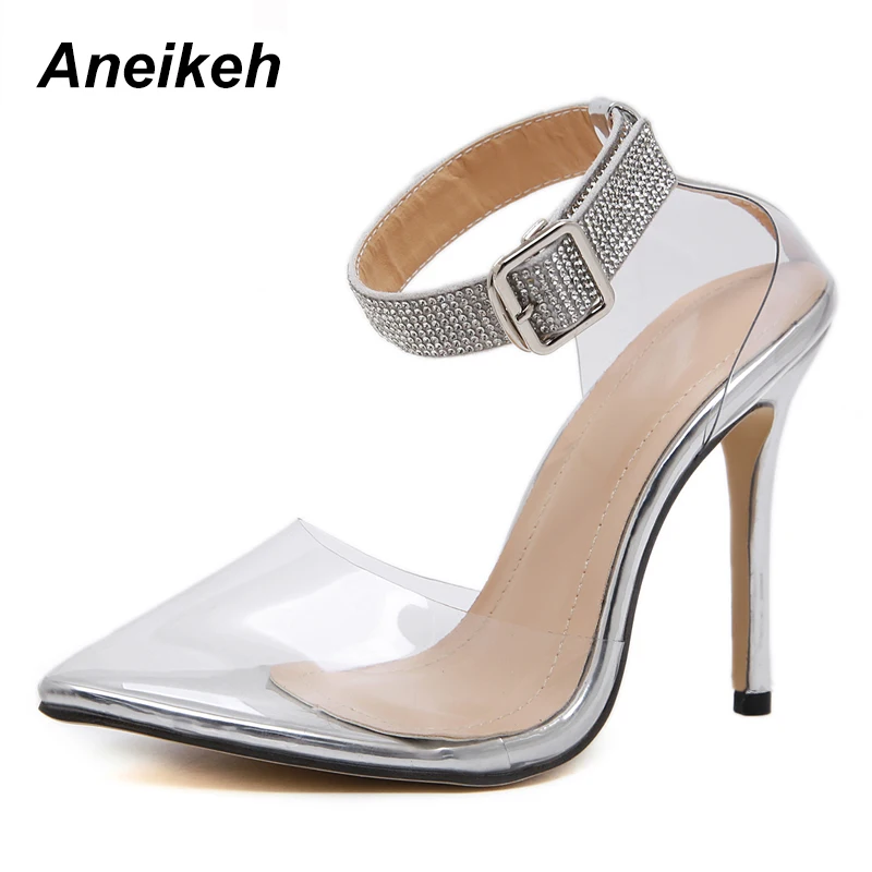 Silver Aneikeh/ г.; пикантные туфли-лодочки из пвх; женская обувь с острым носком на высоком тонком каблуке; летние модельные туфли для вечеринки; туфли-лодочки с пряжкой на лодыжке, стразы - Цвет: Silver