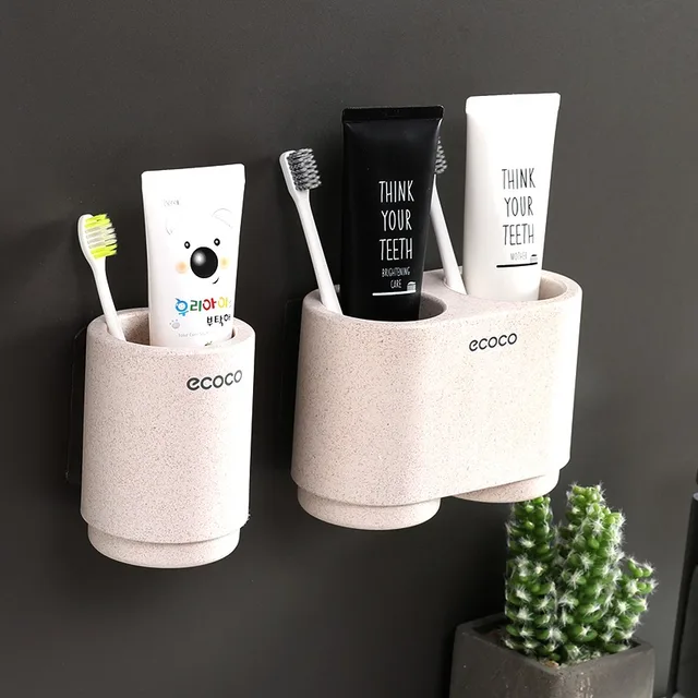 ECOCO Magnetic Adsorption Inverted Toothbrush Holder Simple Toothpaste Storage Rack with Wash Cup Punch Free Bathroom Sets Wheat  Single -doubl