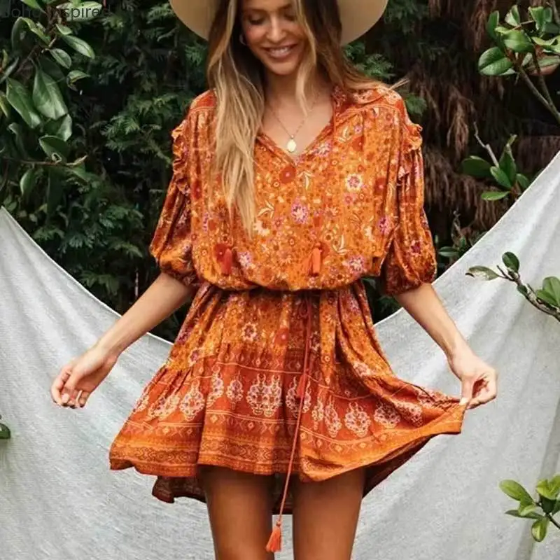 Богемный Вдохновленный оранжевый мульти печати бохо платье вискоза v образным
