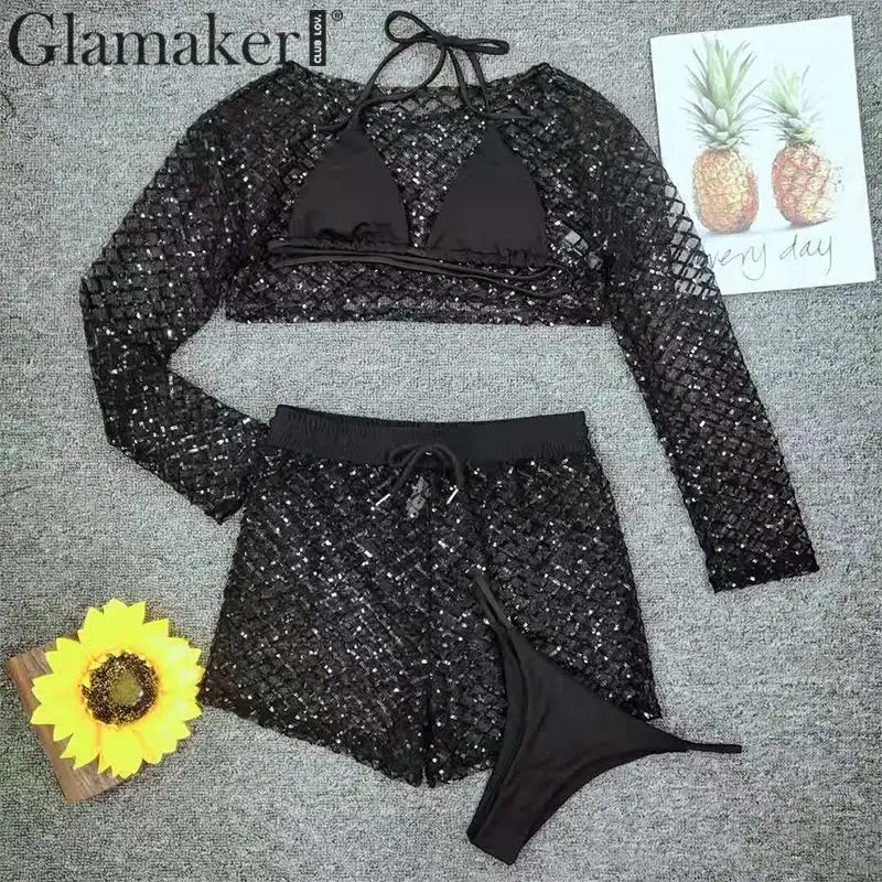 Glamaker, черный, с длинным рукавом, четыре части, бикини, купальник со стразами, для женщин, luex, пляжная одежда, сексуальный купальник, женский, на завязках, бикини