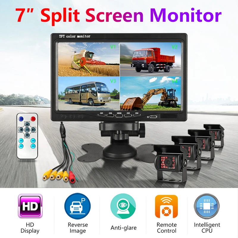 Jansite 7" LCD TFT Car Monitor Reverse Image Backup Camera for truck Bus VAN RV Quad Split Screen AV Cable 12-24V 4CH Video
