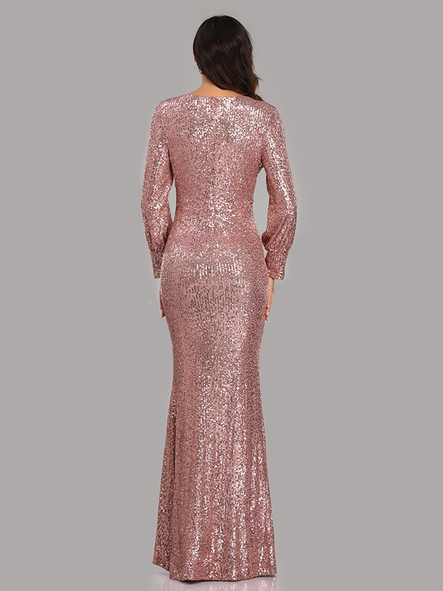 Skyyue, вечерние платья, длинное, расшитое блестками, элегантное, Robe De Soiree,, глубокий v-образный вырез, разрез, официальное платье, полный рукав, вечернее платье LT008