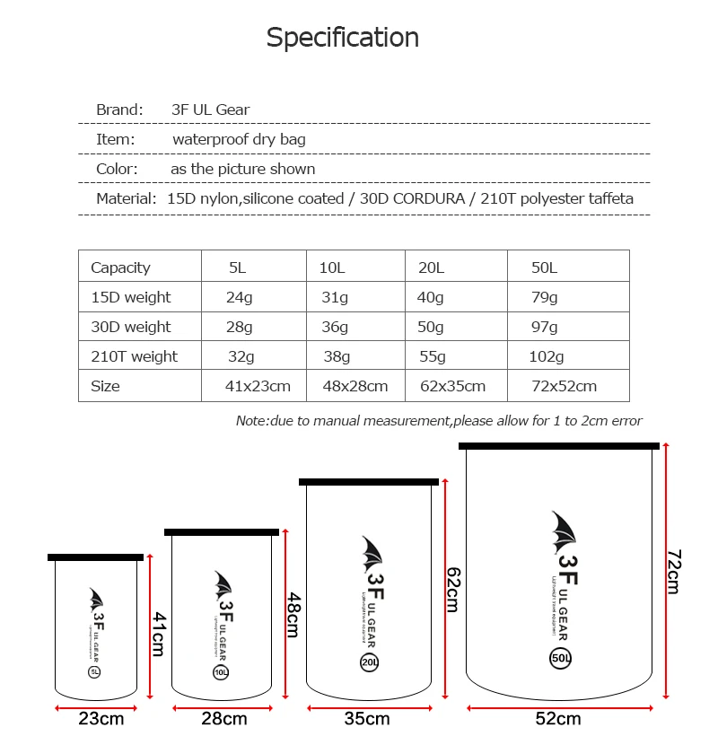 3F UL Шестерни 5/10/20/50L Водонепроницаемый сухой мешок пакет мешок для рафтинга плавания Каякинг водного плавающие плавания на каноэ на лодках