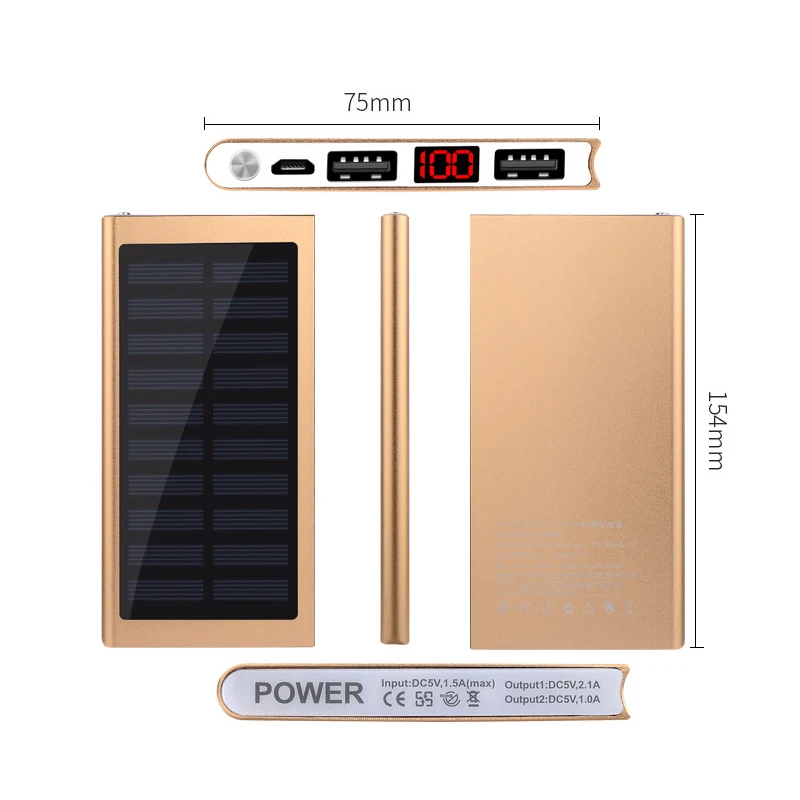 Солнечный внешний аккумулятор 2 USB светодиодный внешний аккумулятор портативный мобильный телефон солнечное зарядное устройство для Xiaomi Mi iphone XS 8plus 20000 мАч