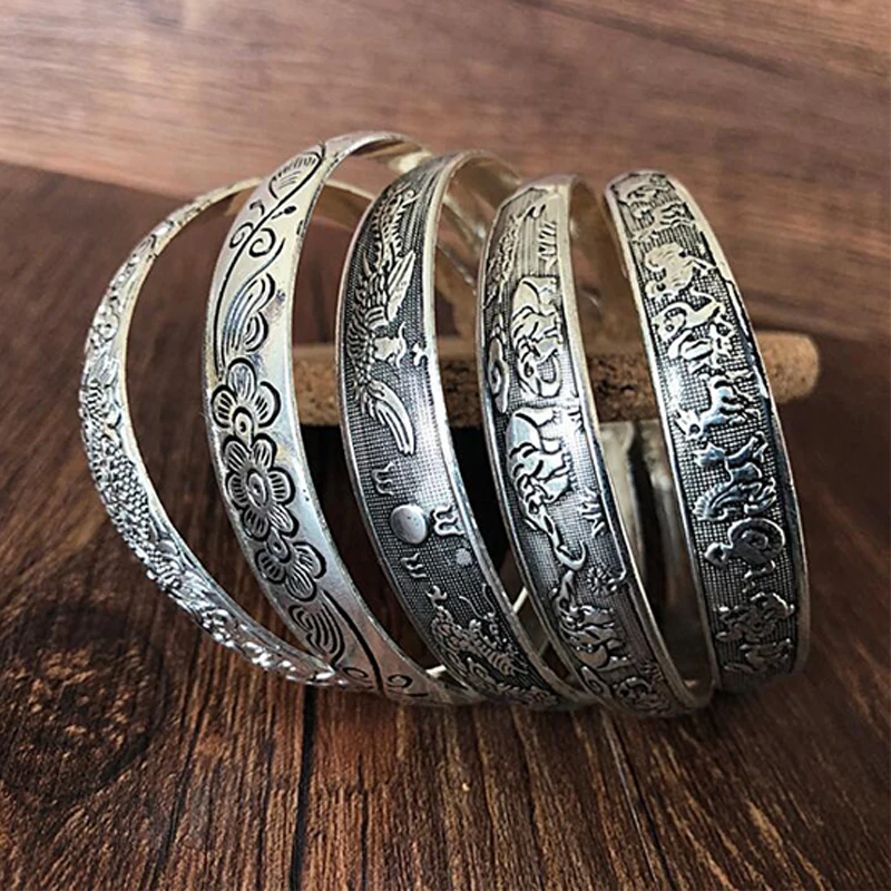 Vintage Cuff Bracelet Tibetan Silver Plated Carved Flower Geometric Animal Opening Bangle Adjustable Indian Jewelry Gift Women bangle bracelet