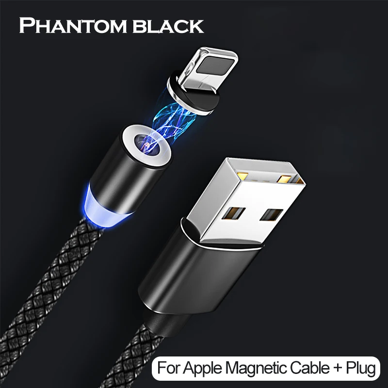 Black For iPhone Магнитный usb-кабель для быстрой зарядки USB type C, магнитный светодиодный кабель для зарядки 1 м 2 м, кабель Micro usb для мобильного телефона, usb-кабель - Цвет: Black For iPhone
