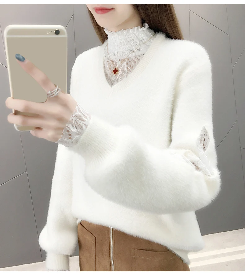 autumn new Casual Knitted Tops Women Solid color V-Neck Lace Sweater Fashion Loose Lantern Sleeve Pullovers women