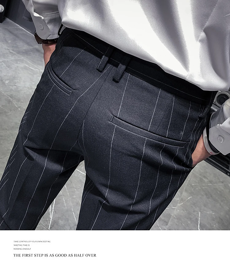 Полосатые облегающие брюки формальные мужские строгие брюки офисные деловые повседневные Элегантные Мужские Молодежные корейские красивые брюки