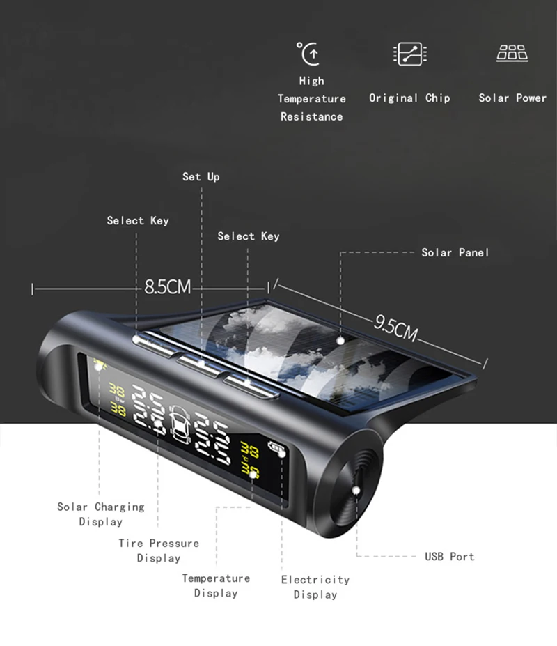Система контроля давления в шинах, беспроводная система TPMS, солнечный ЖК-дисплей, цветной дисплей, 4 внешних внутренних датчика, сигнализация давления в шинах, универсальная