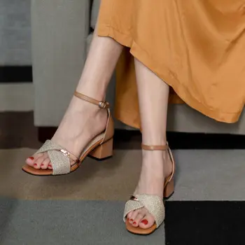 

All-match word with chunky heel sandals women summer middle heels high heels open toe leather burlap stitching fashion women's s