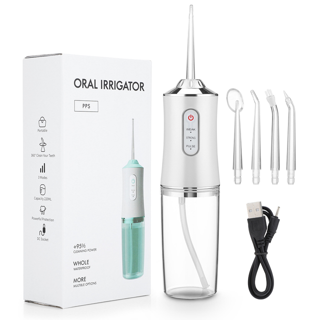Irrigator Portable Dental Water Flosser USB Rechargeable Water Jet Floss Tooth Pick 4 Jet Tip 220ml 3 Modes IPX7 1400rpm