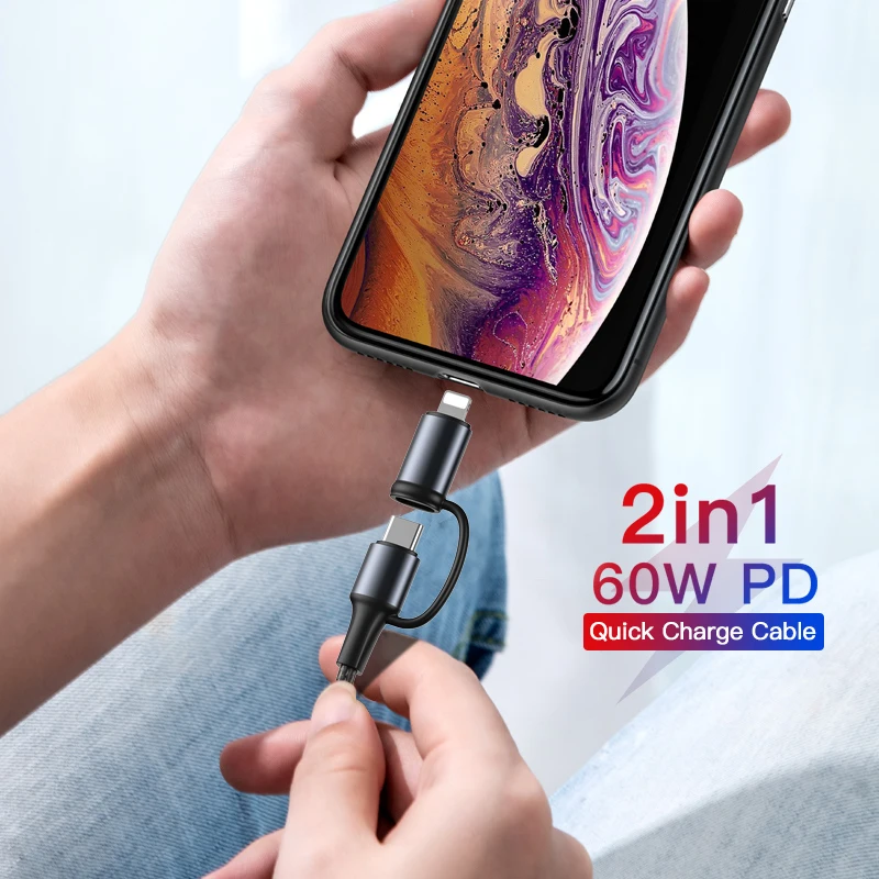 Baseus 60 Вт usb type C-USB C кабель 2 в 1 USB кабель для Lightning iPhone 11 Pro PD Быстрая зарядка Quick Charge 3,0 USB C кабель