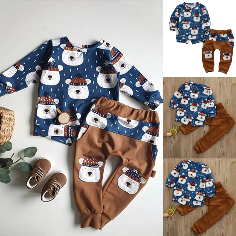 Casual Cotton Clothes 2Pcs Toddler Kids Baby Boy Winter Clothes Ruffle Bear Tops Long Pants 2pcs Outfit Set